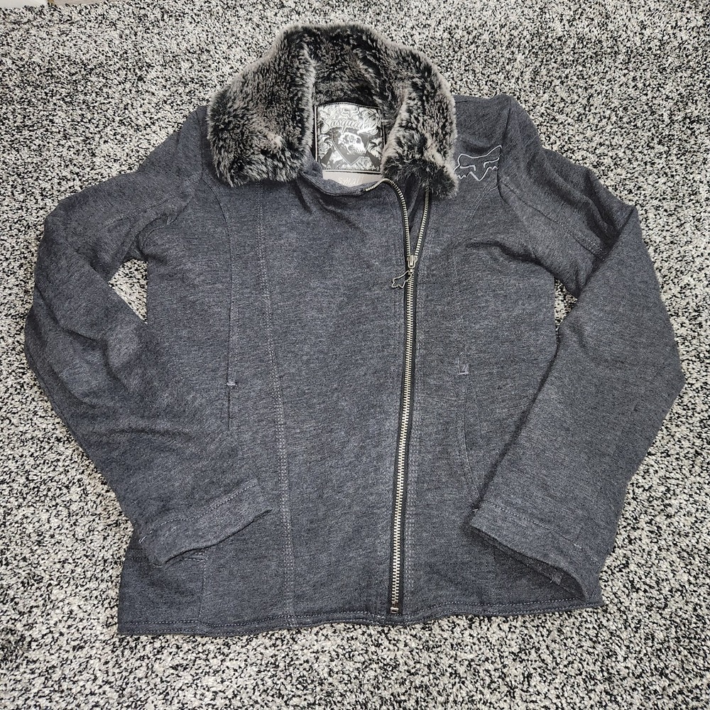 Y2k fox racing sasquatch jacket Women S,Gray Faux Fur Thick Dirtbike Punk Grunge